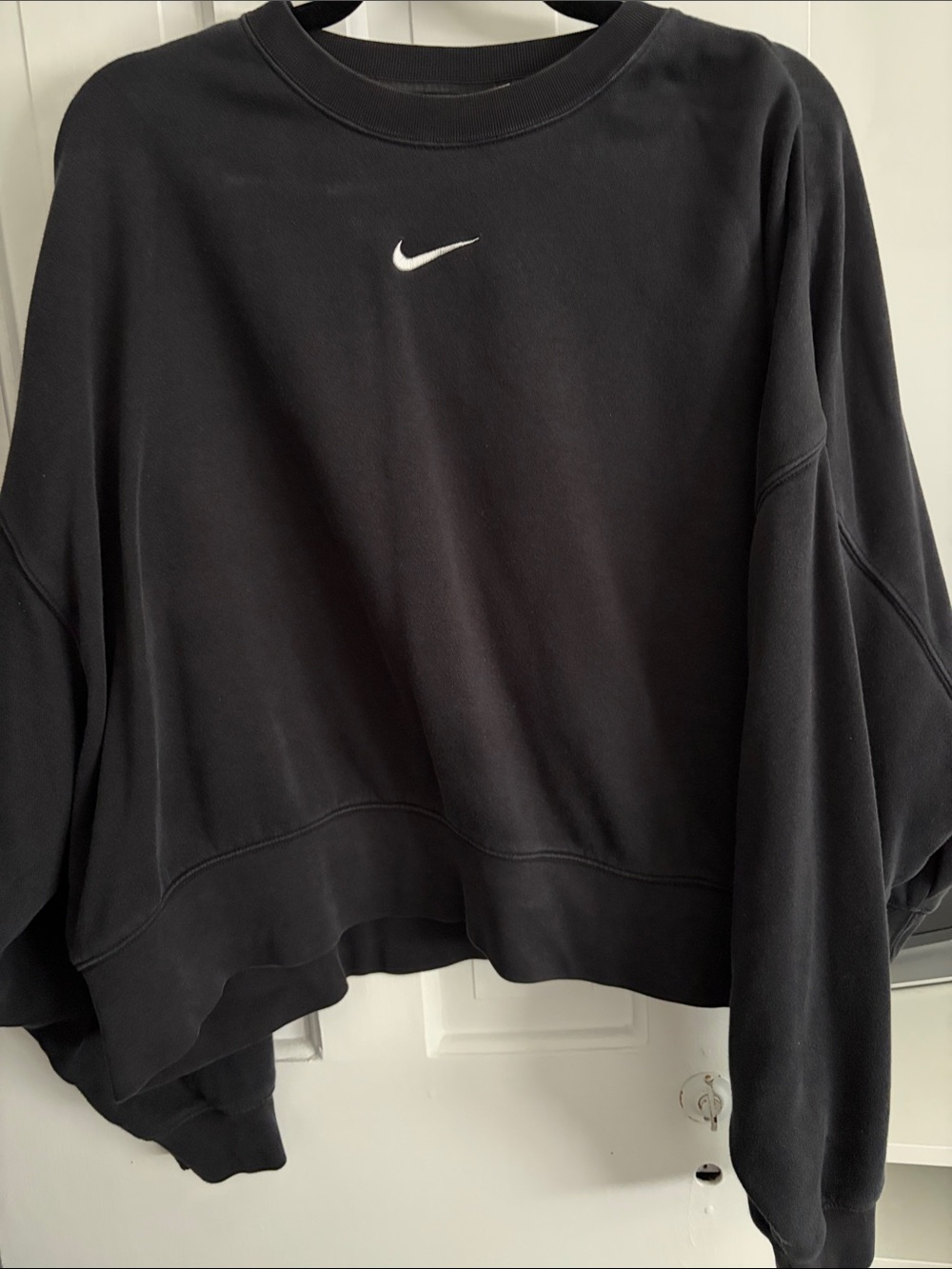Nike Black Cropped Oversized Batwing Crew Sweatshirt with White Swoosh Logo